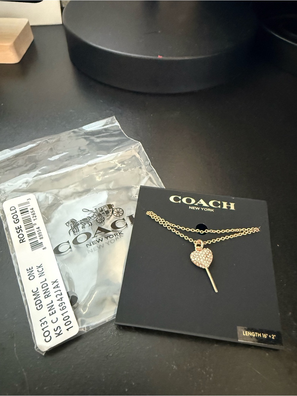 NWT Coach Rose Gold Crystal Heart Key Necklace 16” + 2” Extender